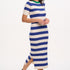 A model wearing a short-sleeved blue and white striped midi knit dress with a contrasting green neckline.
