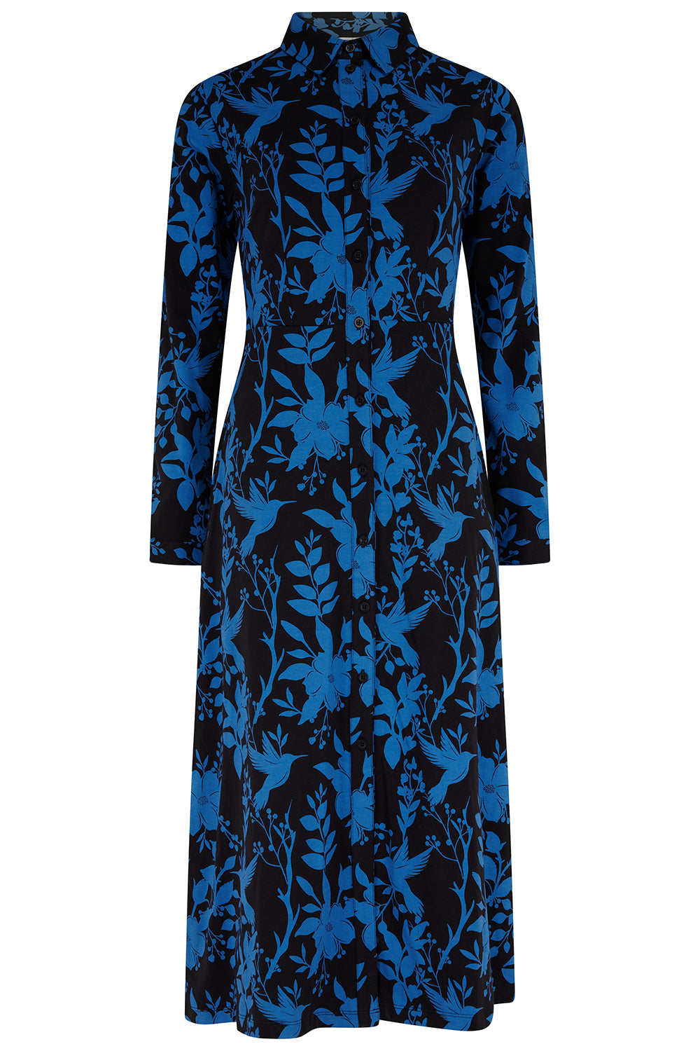 Blue and black patterned dress on a white background