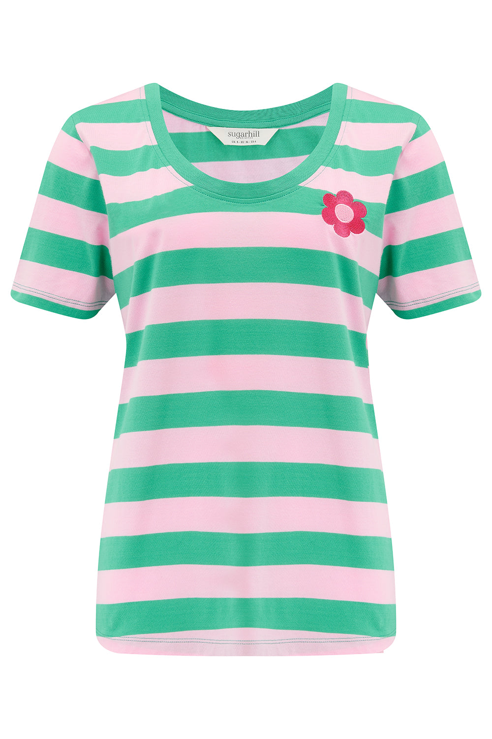 A green and pink striped t-shirt with a flower on the chest.