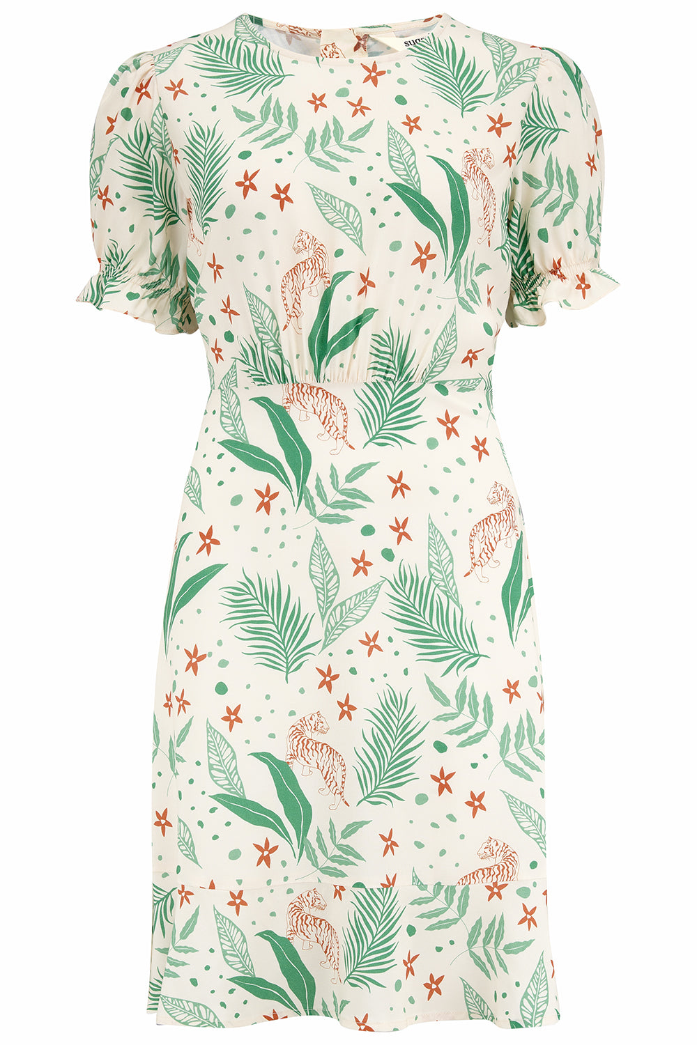 A short-sleeved mini dress with a fitted waist and a frill hem skirt, featuring a jungle leaves print on a cream base.