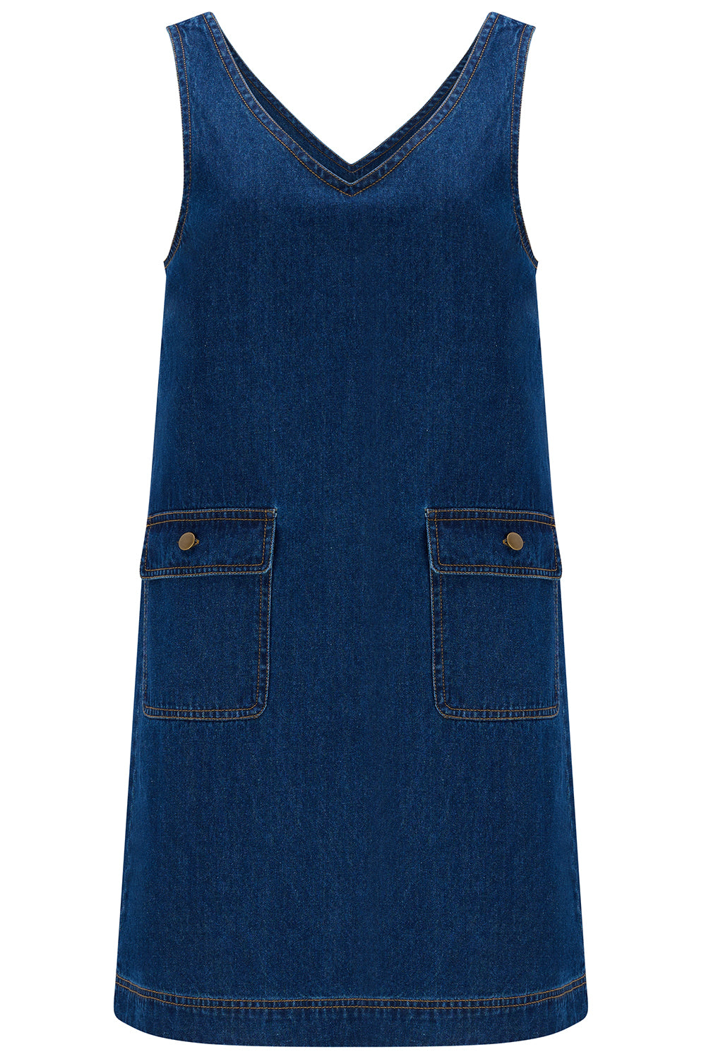 Blue denim dress with pockets on a white background