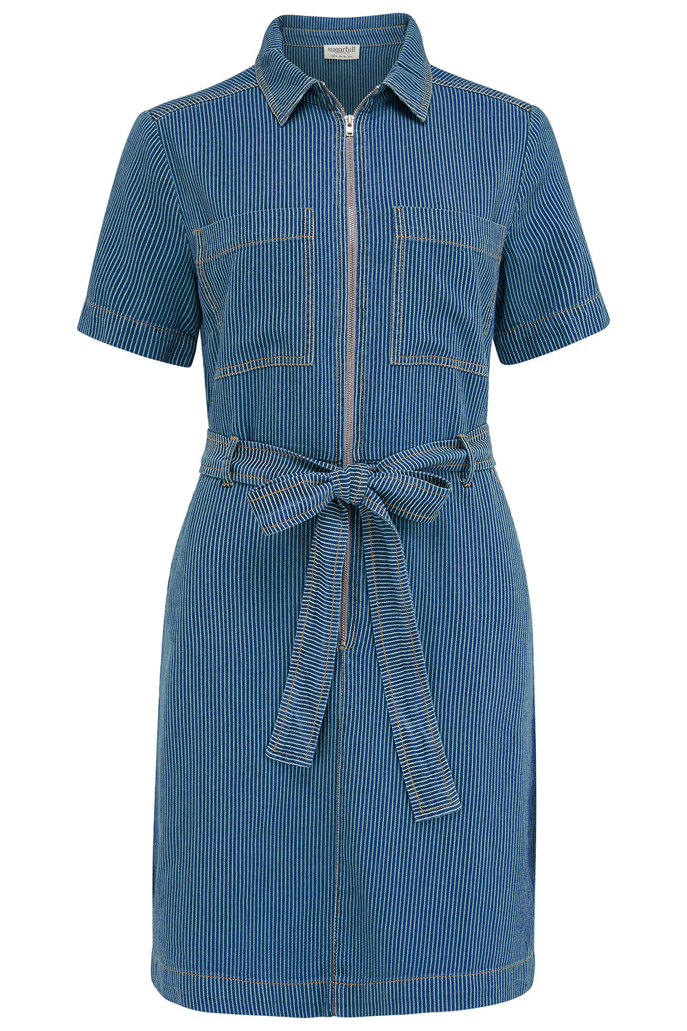 Blue striped dress with a belt on a white background