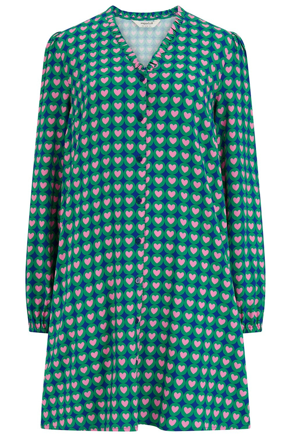 Green dress with pink heart pattern on a white background