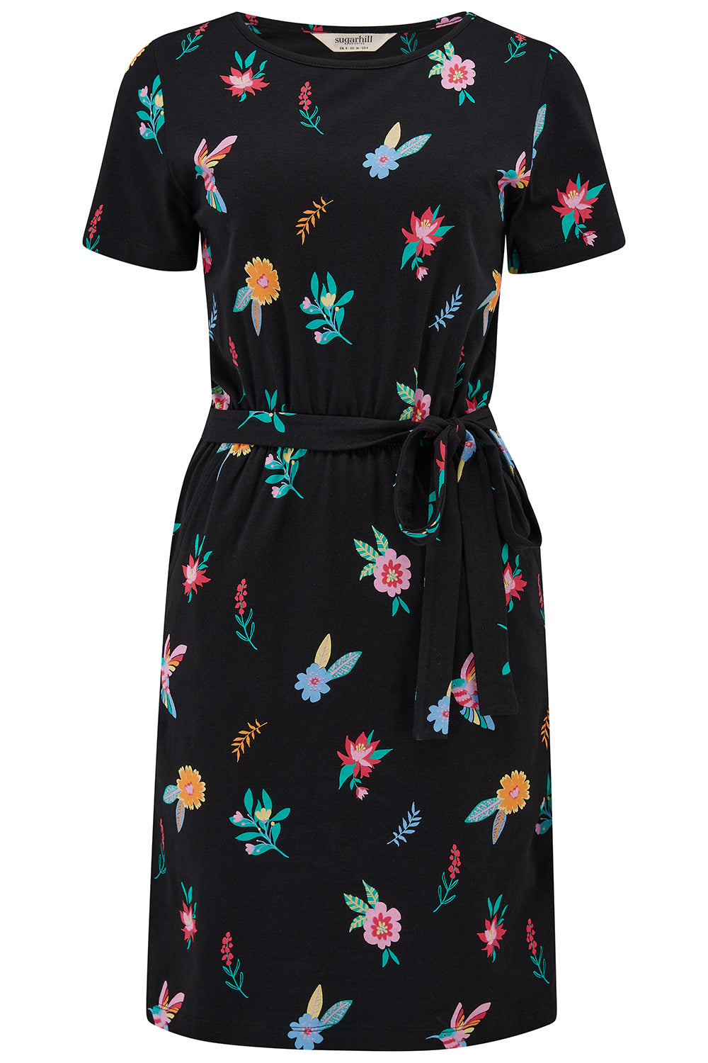 A short-sleeved black mini dress with a multicolored hummingbird and garden design, standing against a white background.