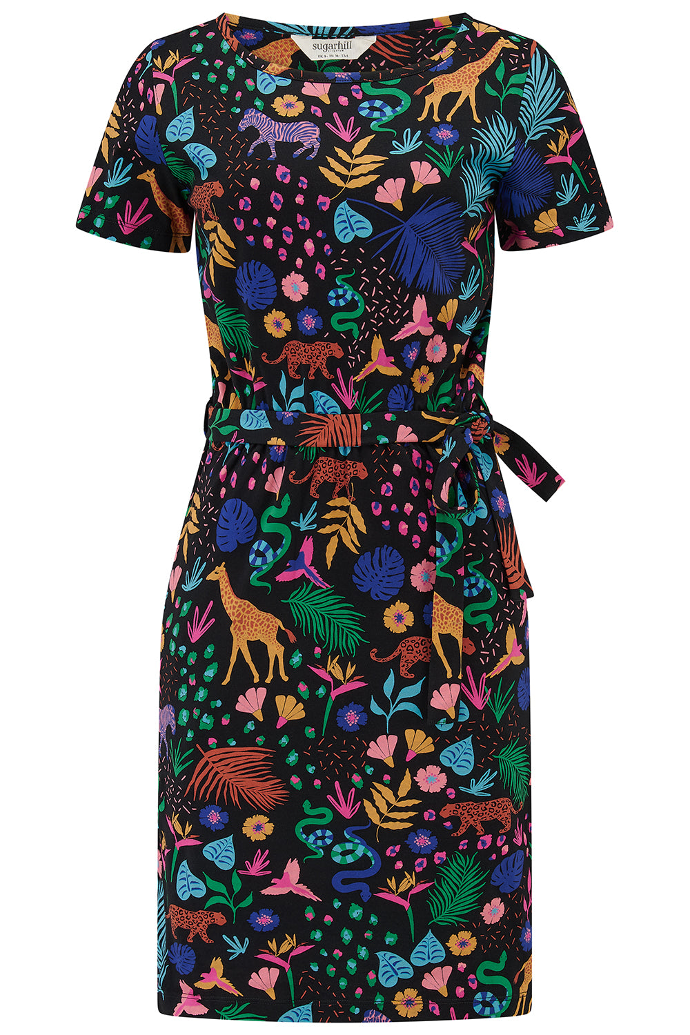 A short-sleeved jersey mini dress with a black base and a colorful jungle spirit design, including various wildlife and foliage.