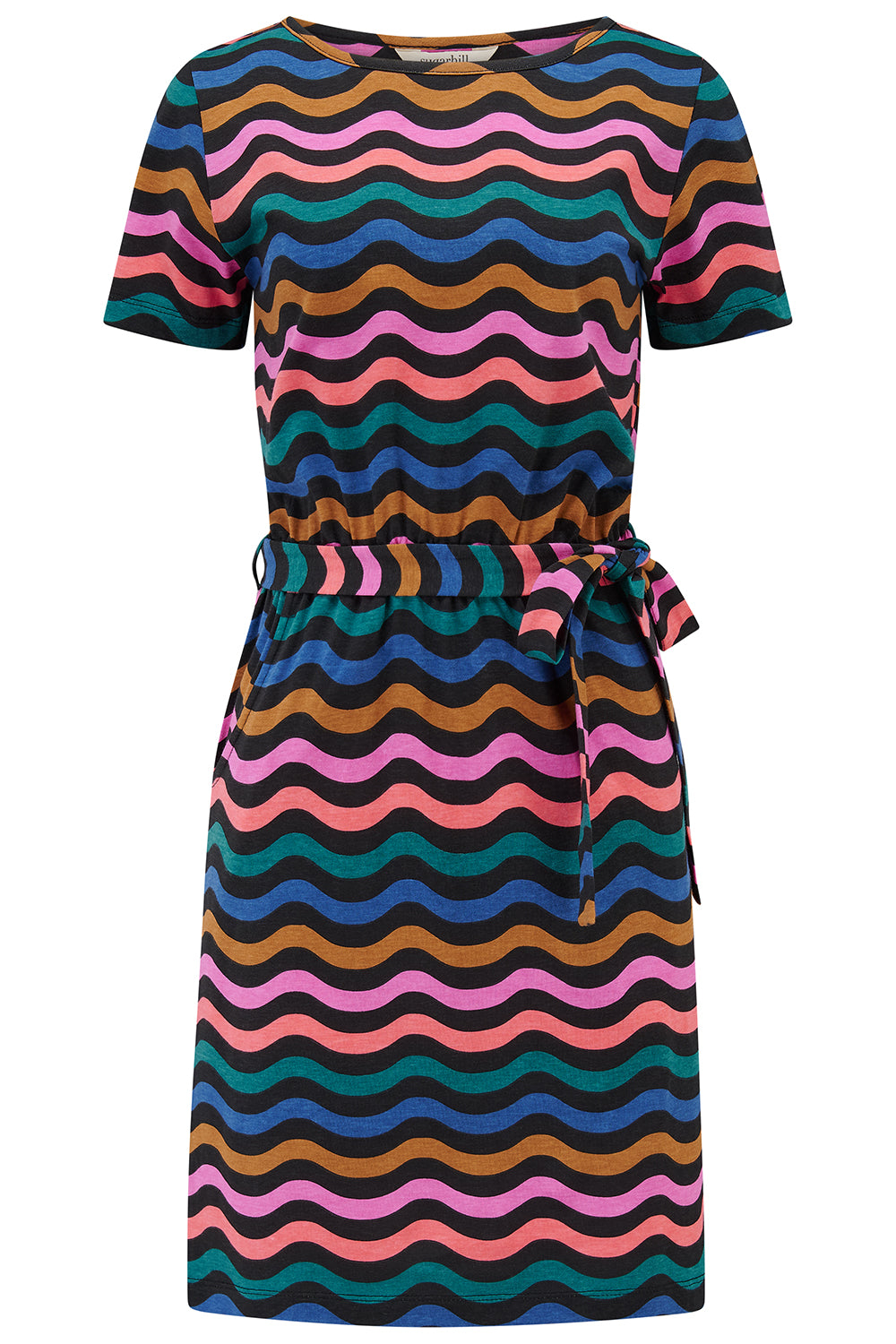 A short-sleeved mini dress with a wavy chevron stripe pattern in black, teal, navy, tan, pink, and coral colors.