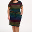 A model wearing a short-sleeved black mini dress with a colorful striped pattern and pockets