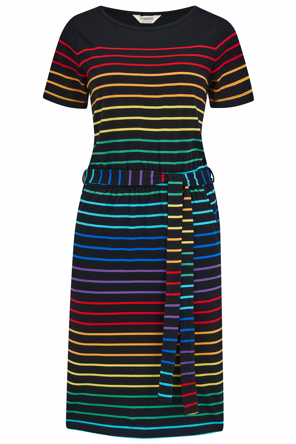 A a short-sleeved black mini dress with a colorful striped pattern and pockets
