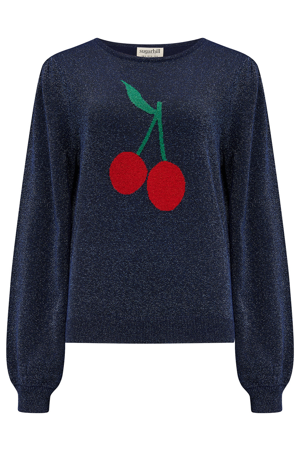 A navy blue jumper with a large red and green cherry motif on the front.