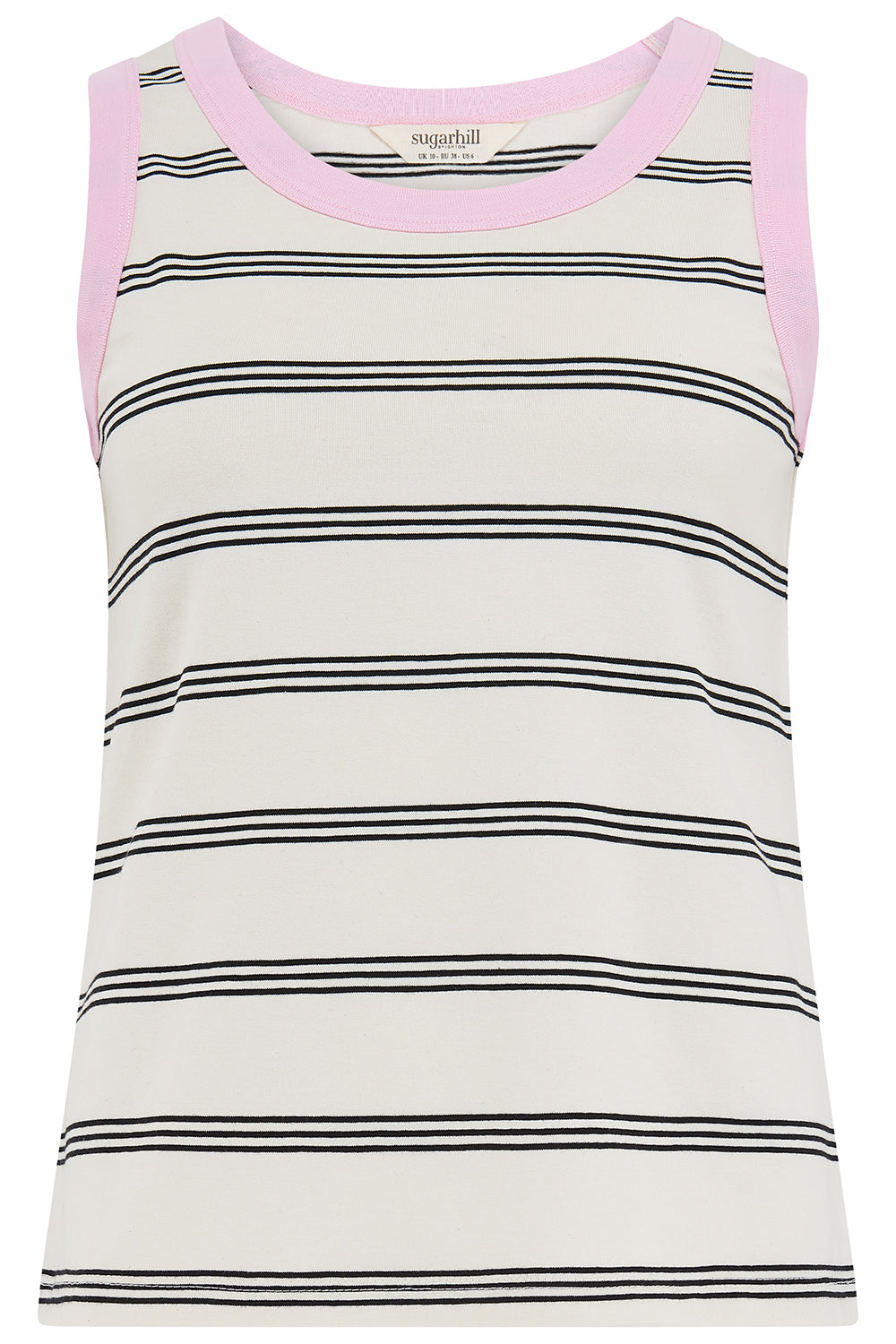 Striped tank top with pink trim on a white background
