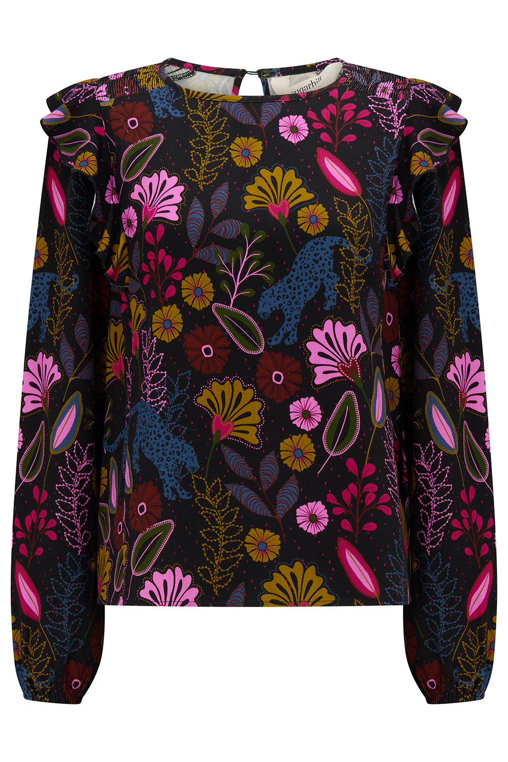 Floral patterned top with colorful design on a white background