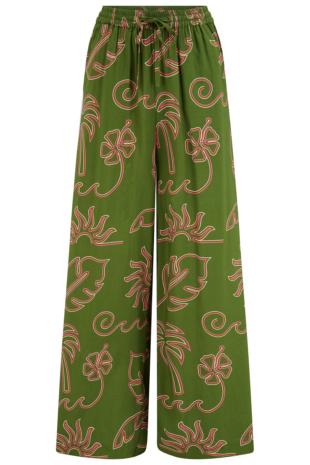 Green pants with red floral pattern on a white background