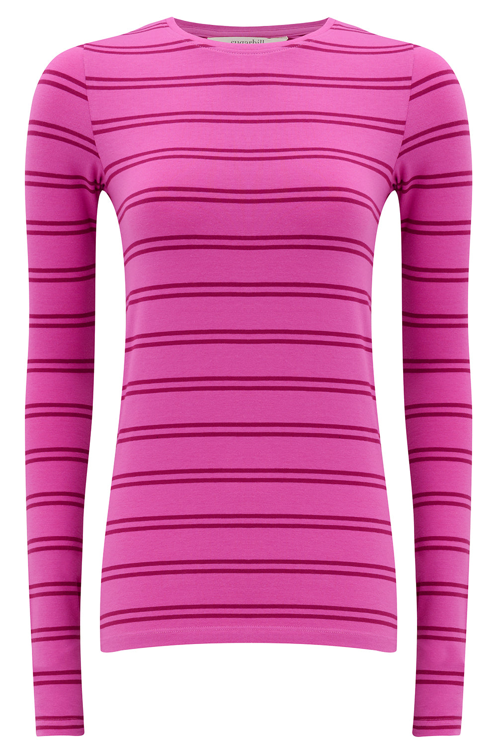 Pink long-sleeve shirt with black stripes on a white background