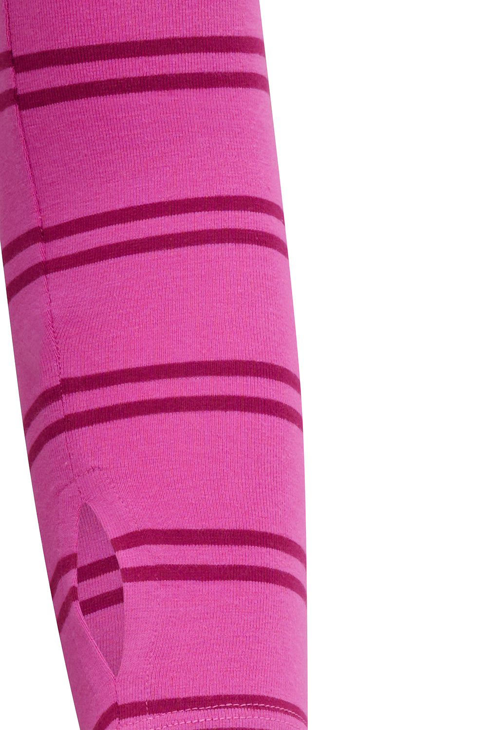 Close-up of pink shorts with purple stripes on a white background