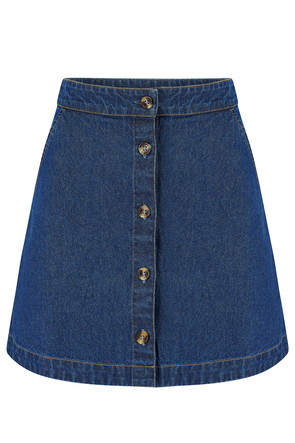 Sugarhill Brighton blue denim skirt with button details on a white background