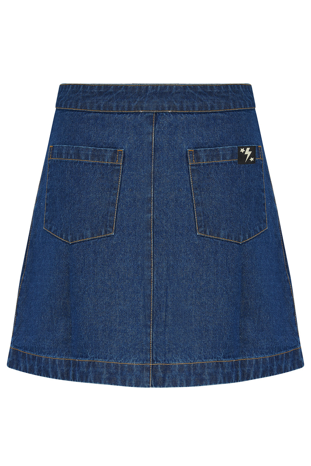 Sugarhill Brighton blue denim skirt with two front pockets on a white background
