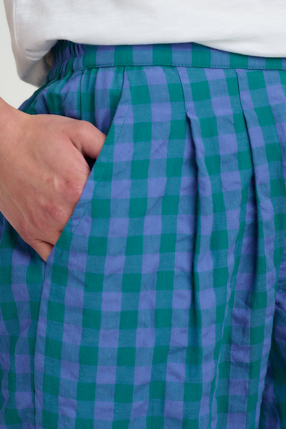 Green and purple checkered skirt with a hand in the pocket