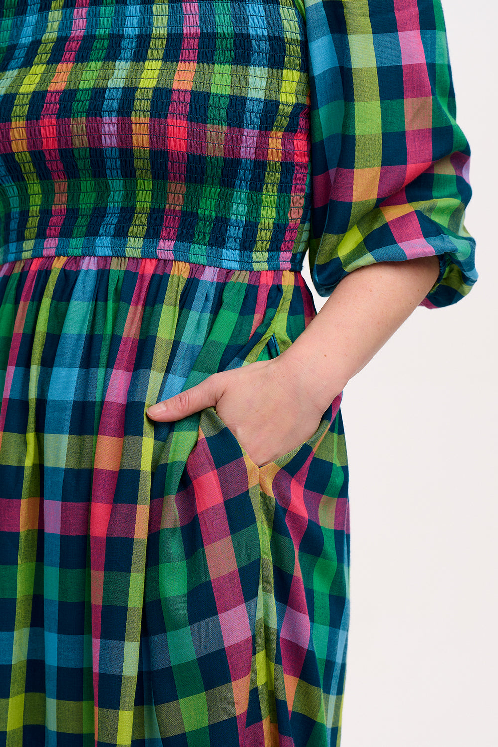 Ursula Shirred Midi Dress - Multi, Midnight Gingham