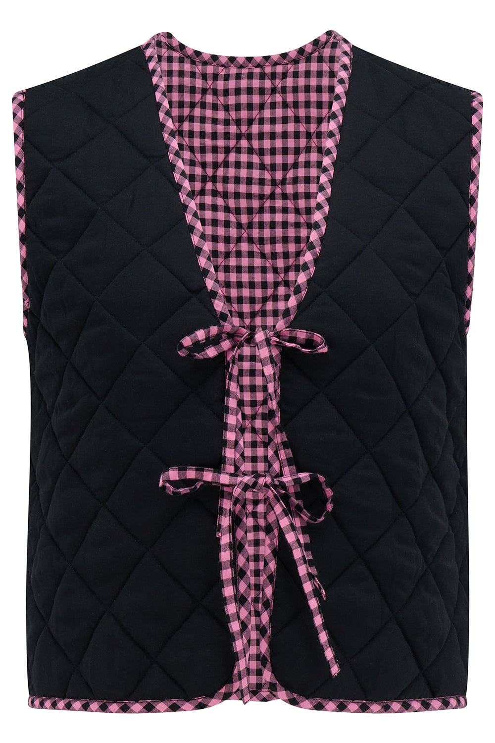Black quilted vest with pink checkered tie front on a white background