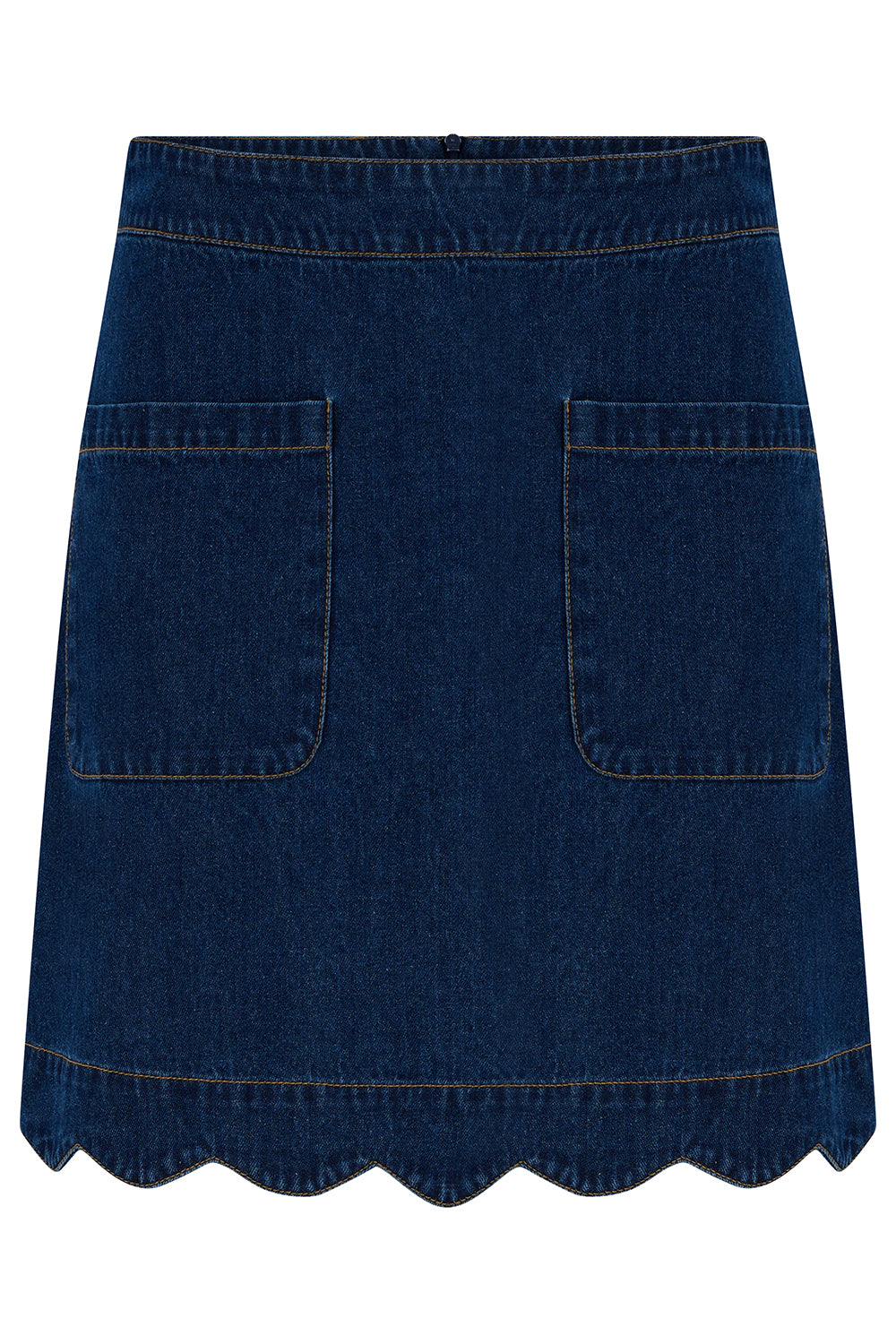 A dark blue denim A-line mini skirt with a scalloped hem and two front patch pockets, shown flat against a white background.