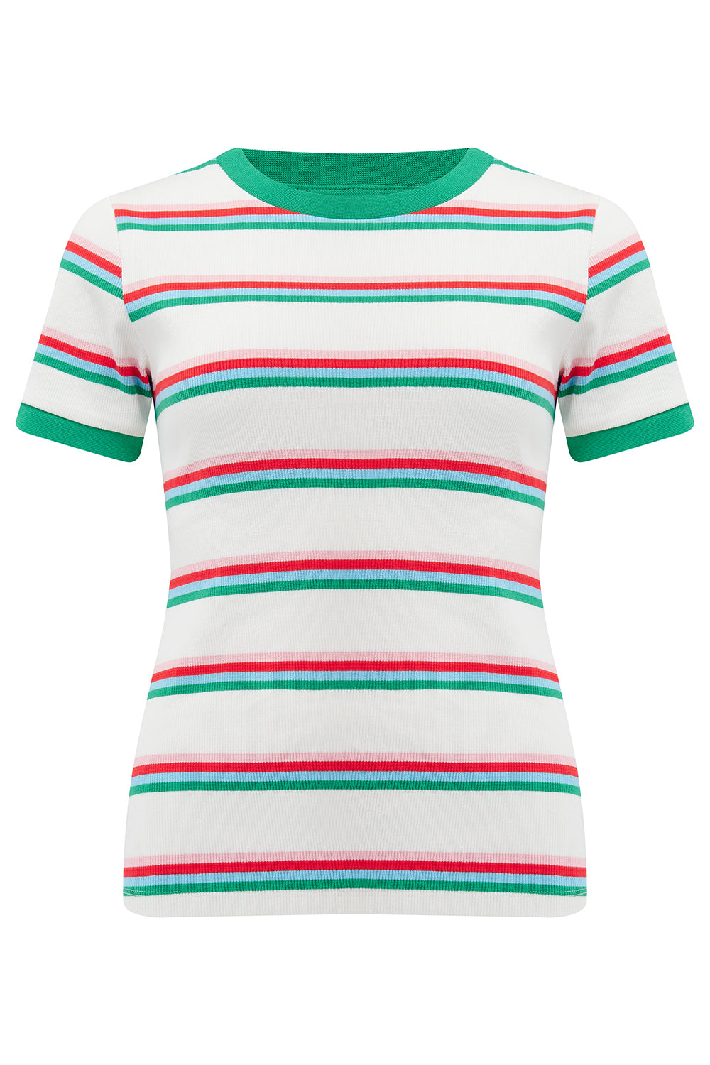 An off-white and multicolored striped fitted t-shirt with short sleeves and a round neckline.