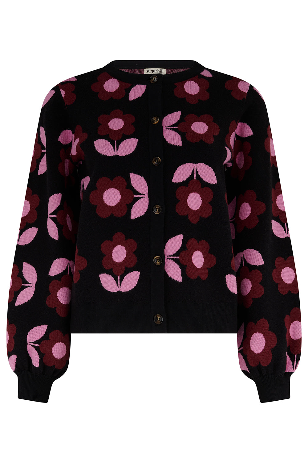 Black cardigan with pink floral pattern on a white background
