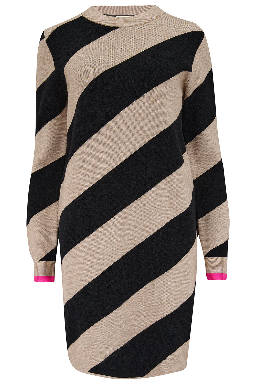 A a beige and black diagonal striped knit dress with long sleeves and a crew neck.