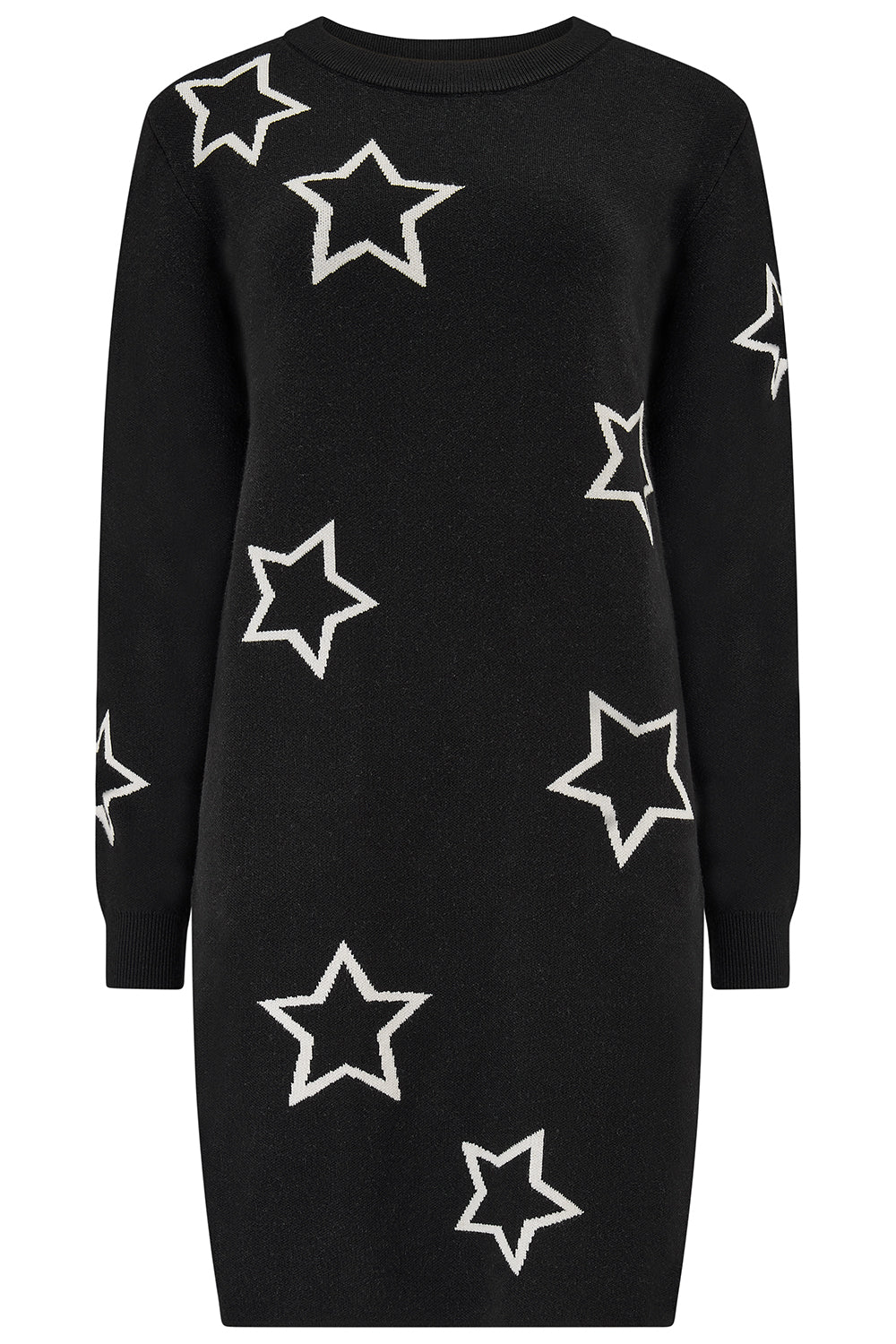 Black dress with white star patterns on a plain background