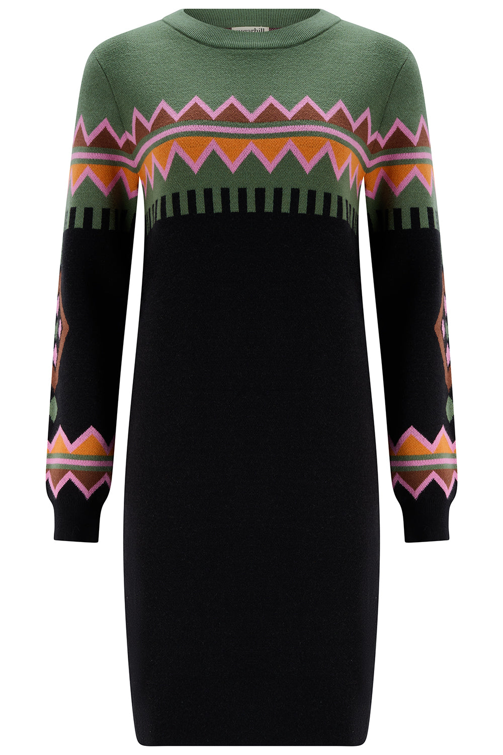 Green and black sweater dress with colorful pattern on a white background