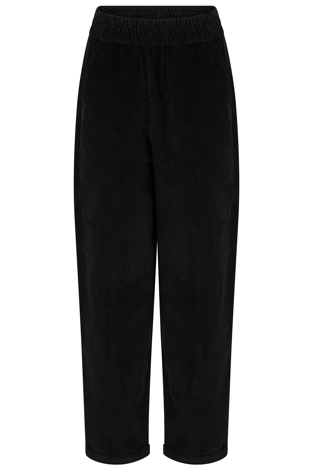 Black wide-leg cropped pants with an elastic waistband, shown against a plain white background.