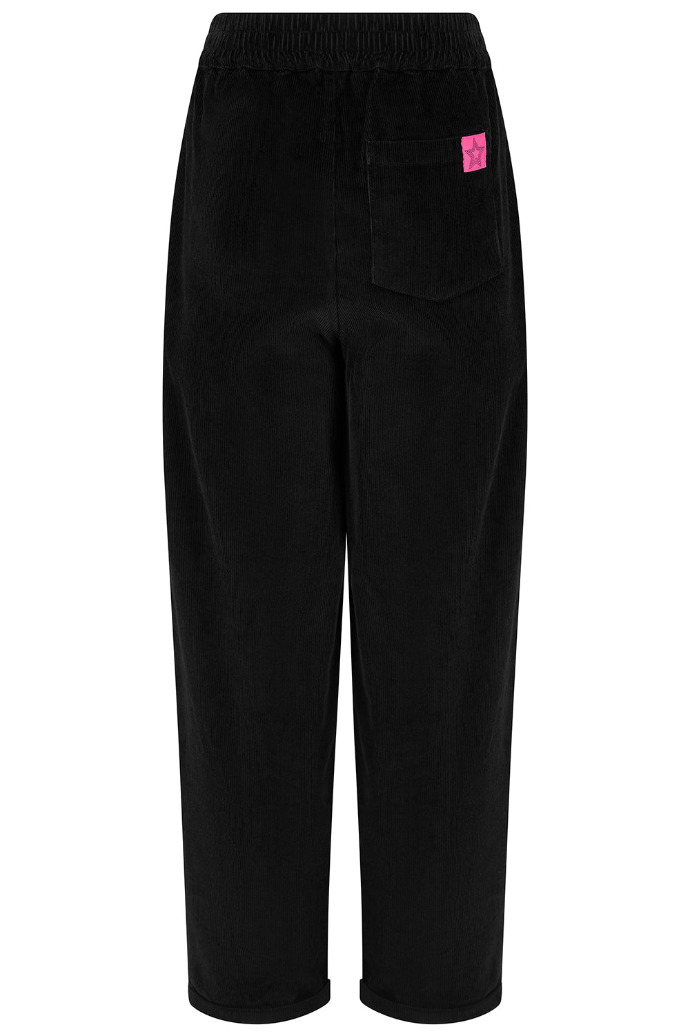 Black wide-leg cropped pants with an elastic waistband, a back pocket, and a small pink square logo patch on the upper right side, shown against a plain white background.