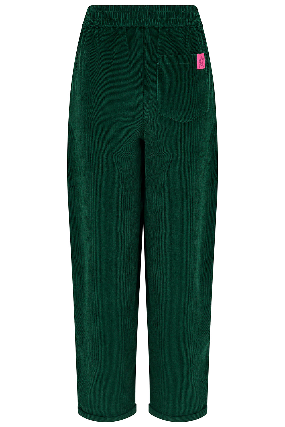 Dark green corduroy pants with an elastic waistband, a side pocket, and a small pink brand tag on the back pocket, shown against a plain white background.
