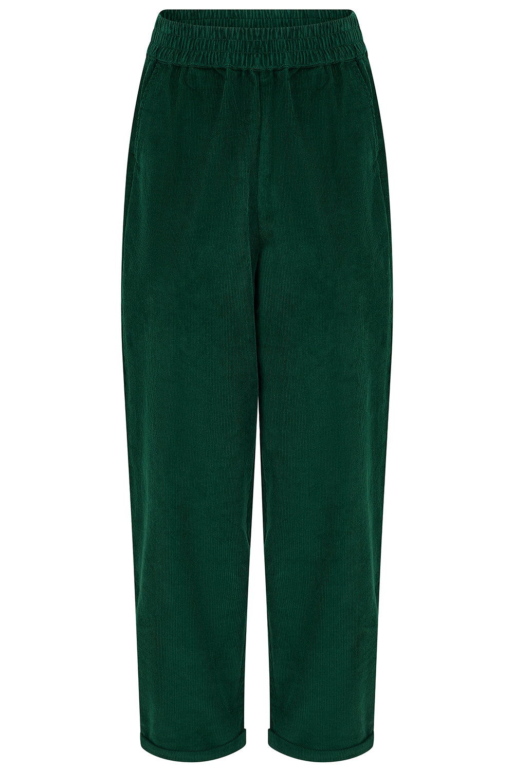 Dark green wide-leg cropped pants with an elastic waistband, shown against a plain white background.