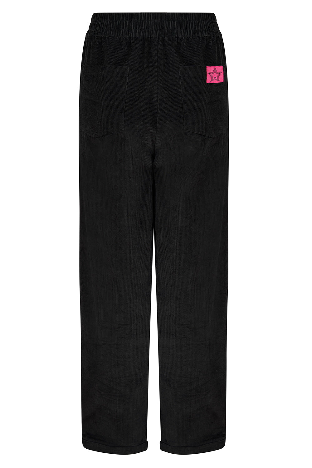 Black trousers with a pink logo on a white background