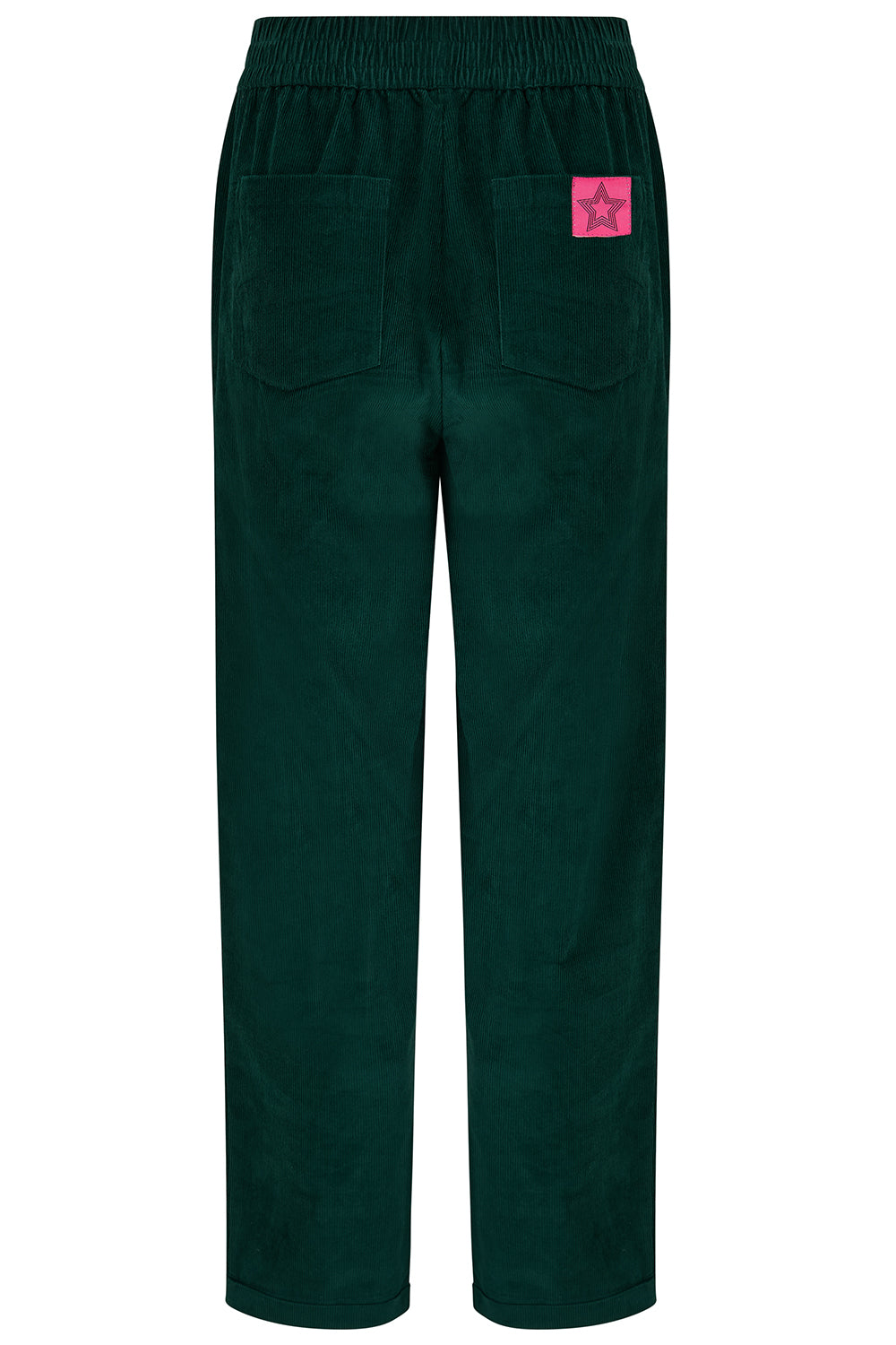 Dark green trousers with a pink label on a white background