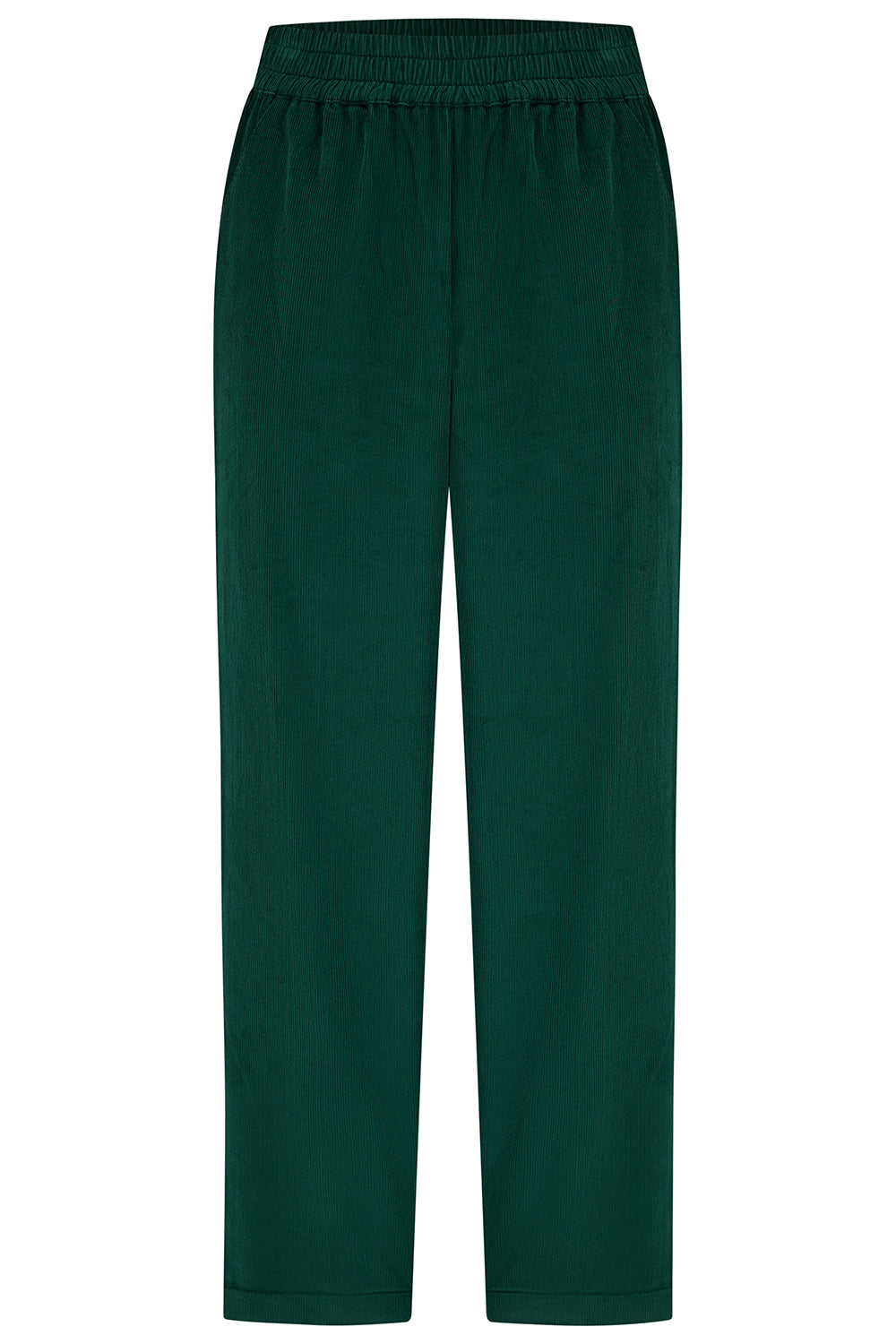 Dark green trousers with a pink label on a white background