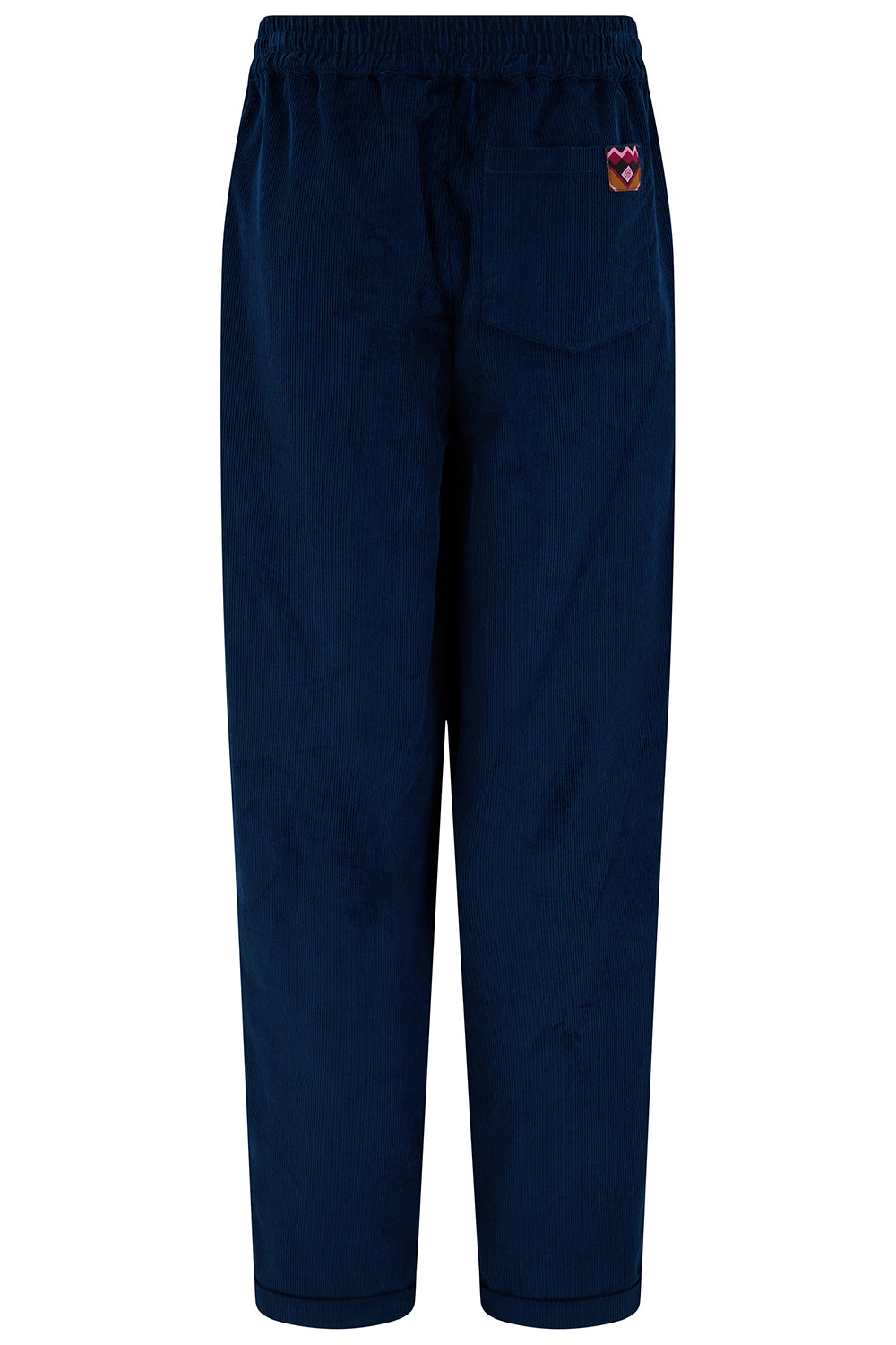 Navy blue pants with a red label on a white background