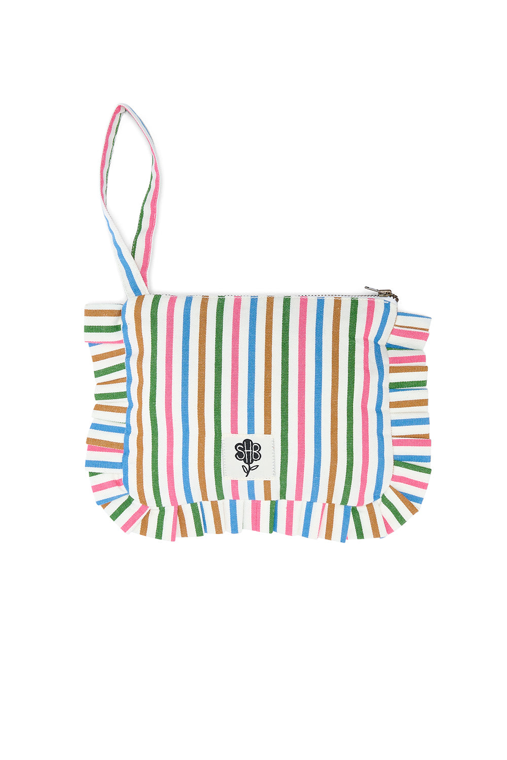 Multicolored striped pouch with a small logo on a white background