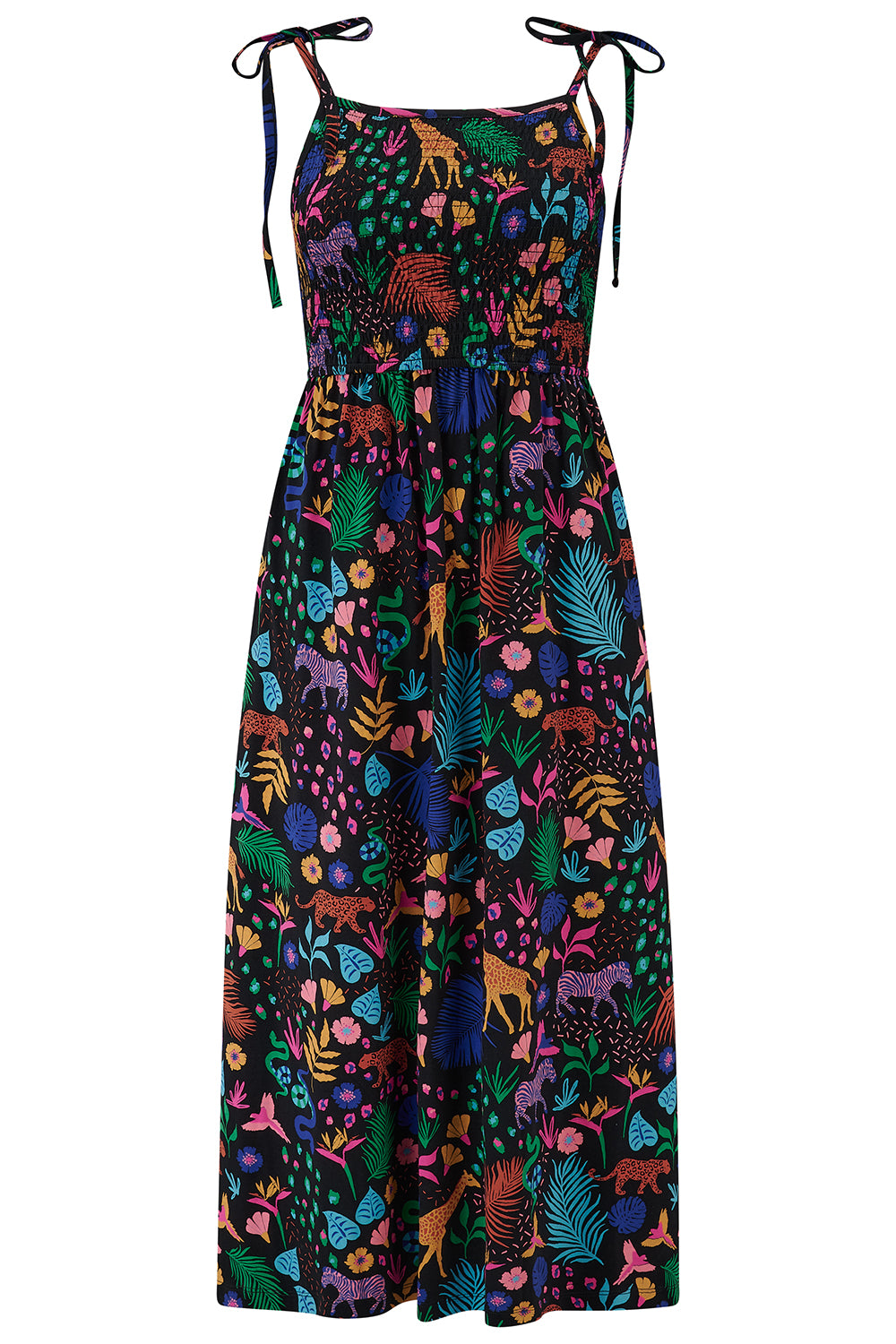 A sleeveless, midi-length jersey dress with a multicolored jungle print on a black background, featuring tie shoulder straps.