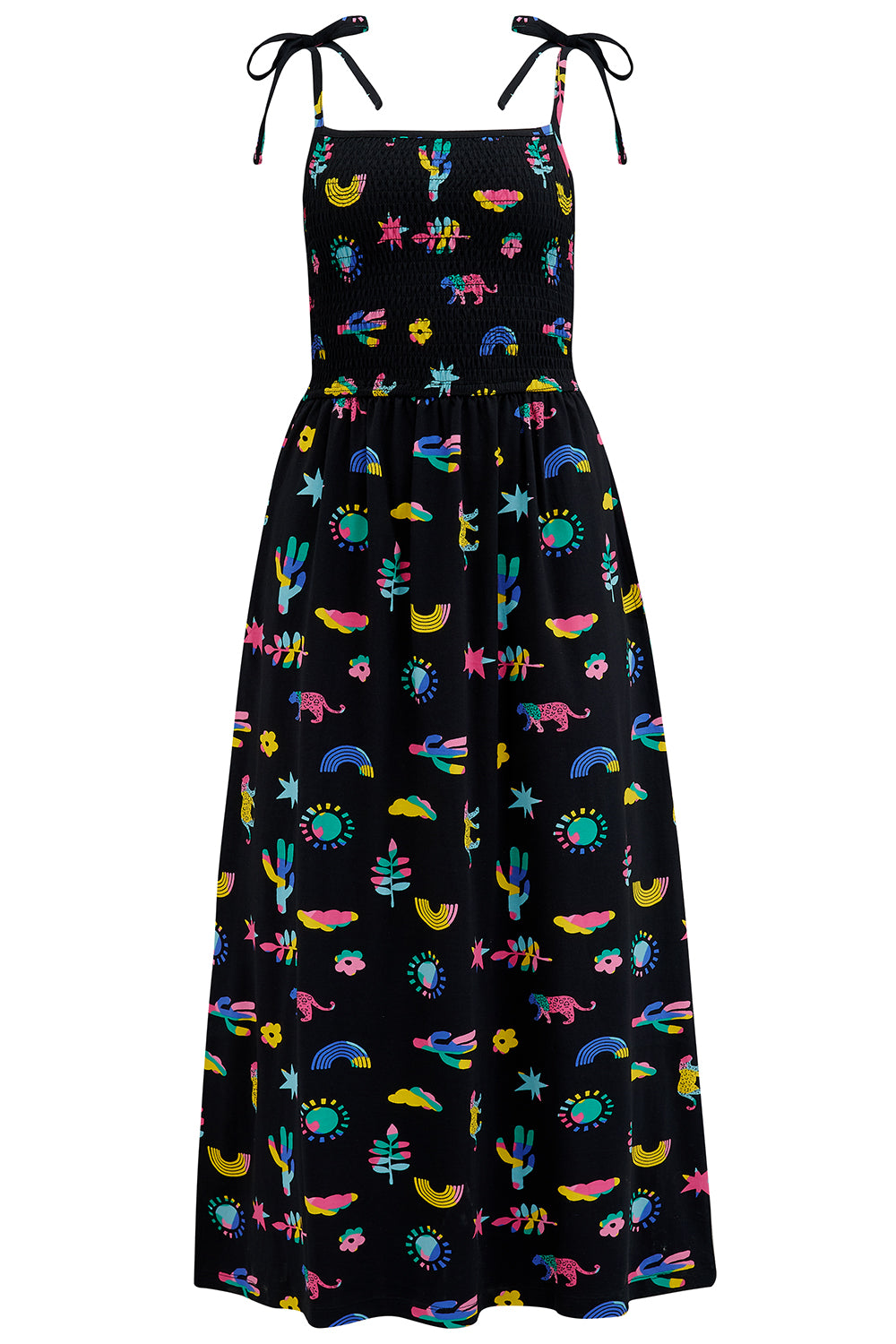 A black dress with colorful animal and star patterns, featuring a sleeveless design and a maxi cut.