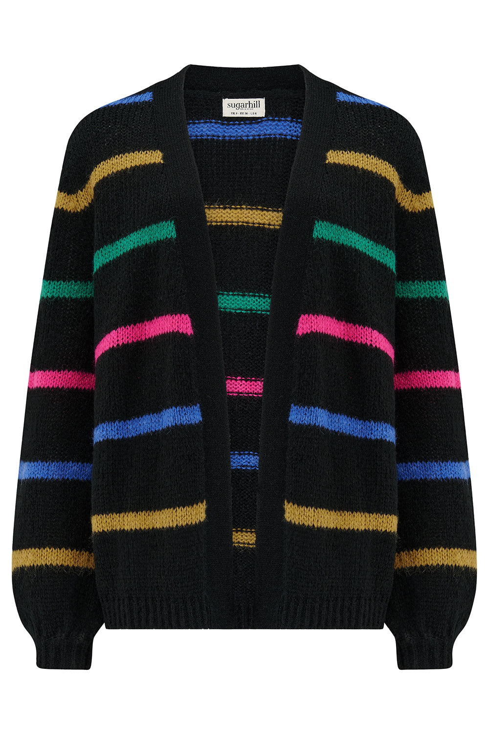 Black cardigan with colorful horizontal stripes on a white background