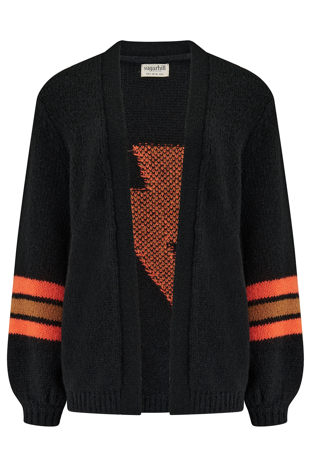 Black cardigan with orange and brown striped sleeves on a white background