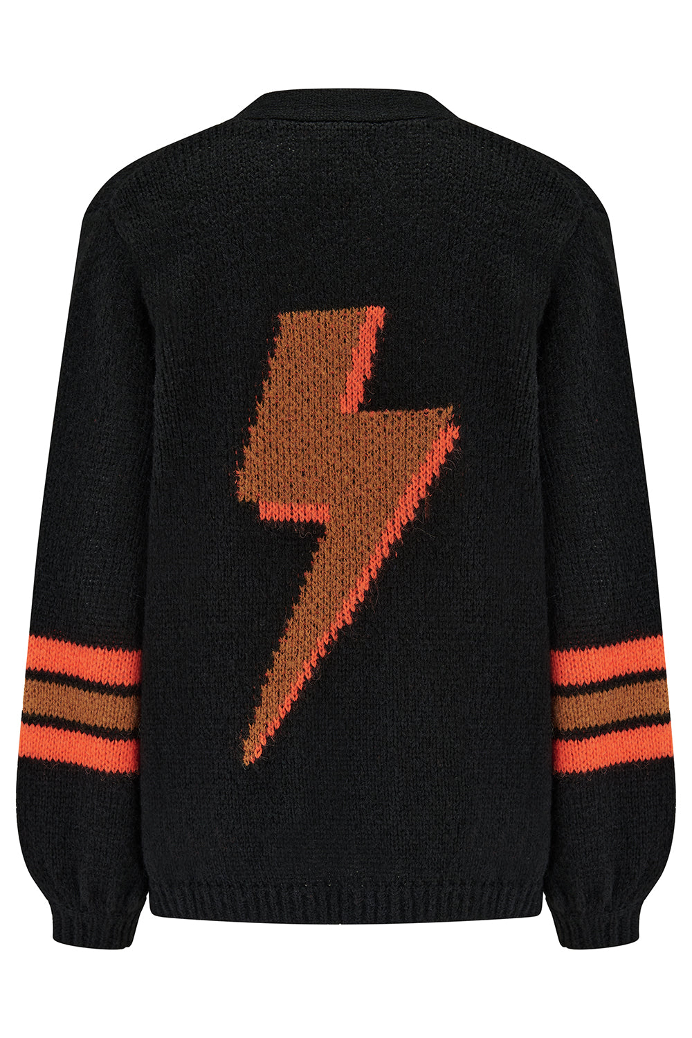 Black sweater with a brown lightning bolt design on the back, worn by a person.