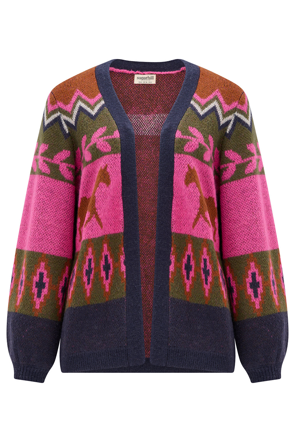 A multicolor knit cardigan sweater featuring a pink and olive green pattern with horse motifs, navy blue trim, and a brown center panel, shown against a plain white background.