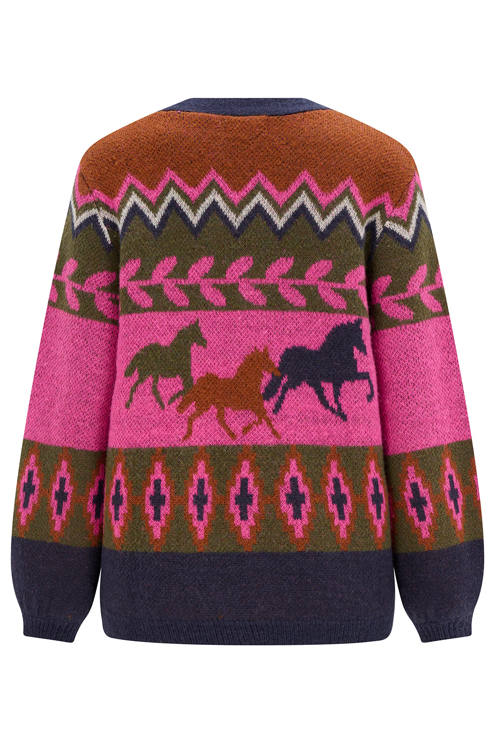 A multicolor knit sweater featuring a pattern of three running horses in green, brown, and black on a pink band, with geometric patterns in pink, olive green, and navy blue.