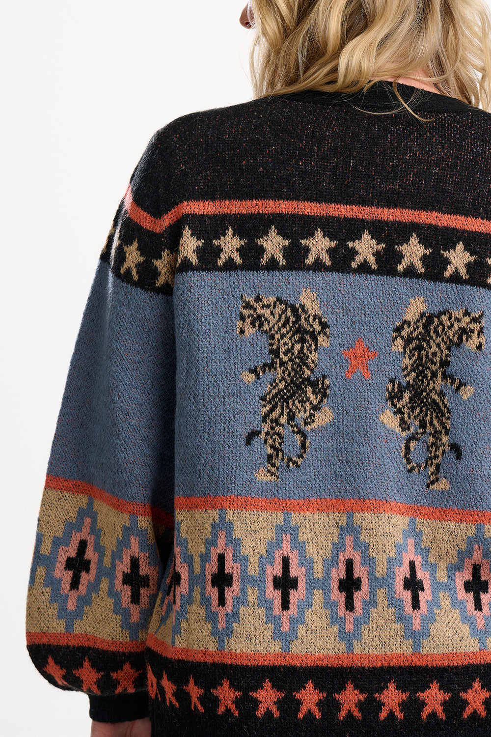 Person wearing a patterned sweater with animal designs on a plain background