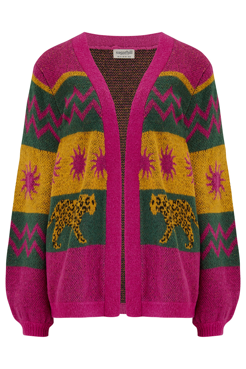 A model wearing a multicoloured cardigan with sun leopard pattern, balloon sleeves, and a relaxed fit.