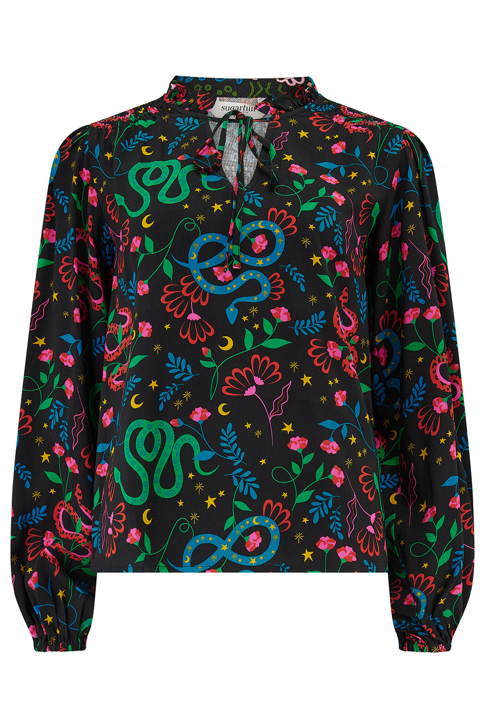 Colorful blouse with snake and floral pattern on a black background