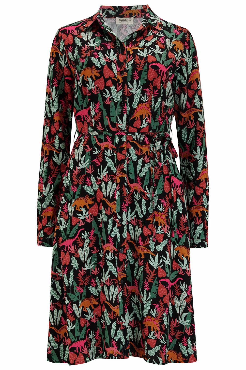 A black, floral shirt dress with a tie waist belt and relaxed collar.