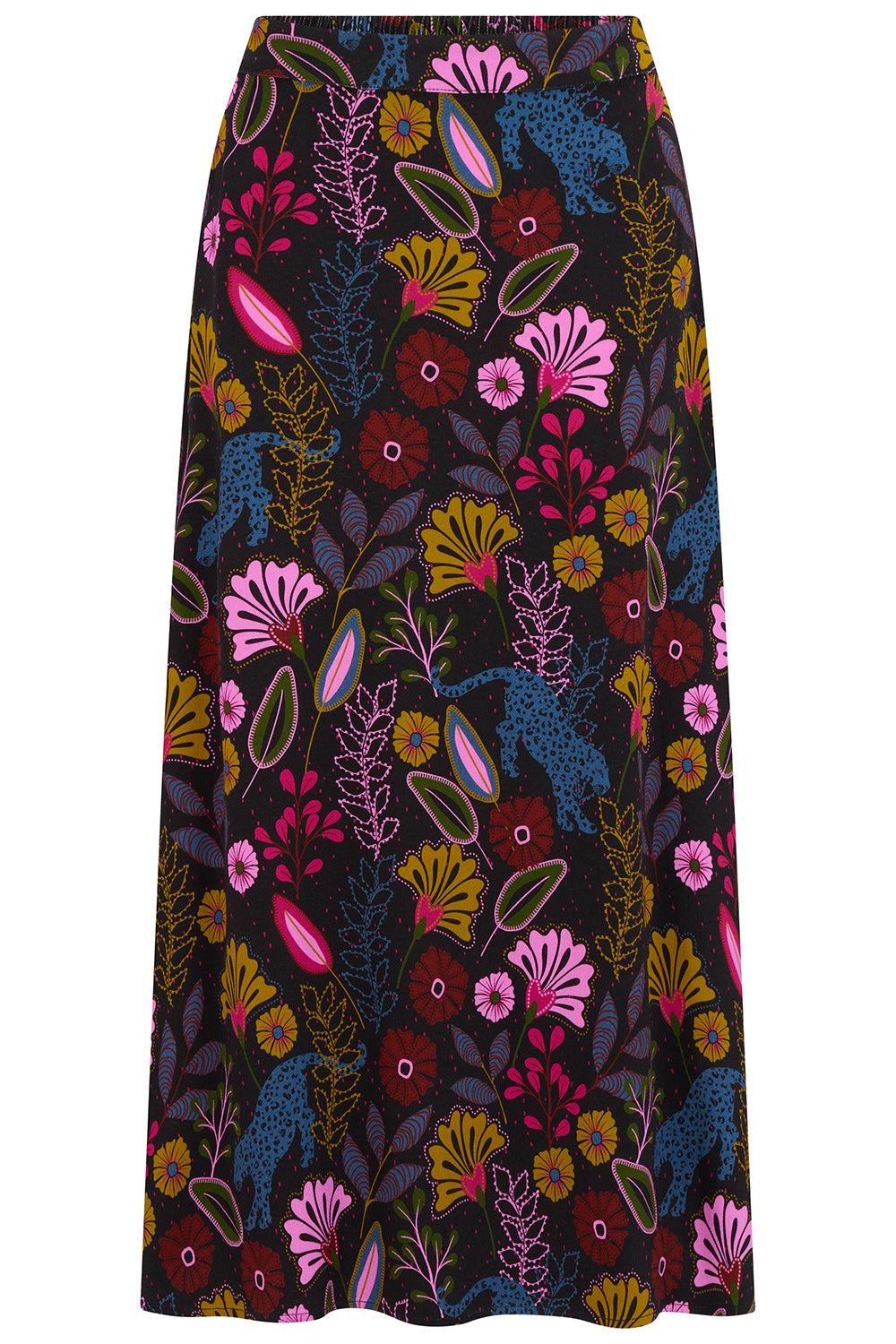 Colorful floral patterned skirt on a black background